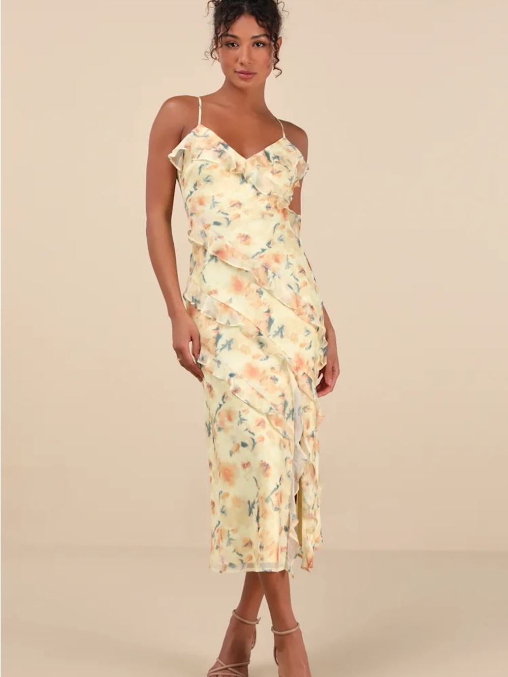 NWT Sz XS Lulus Dreamy Personality Yellow Floral Ruffled Sleeveless Midi Dress